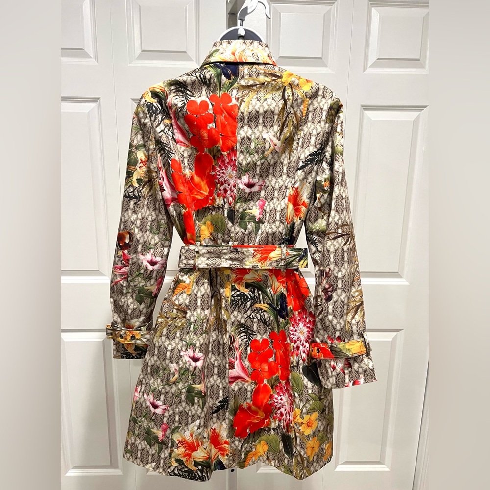 SPANNER Multicolor Floral Belted Trench Coat Size Small - Picture 10 of 12
